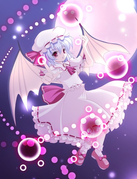 Anime picture 1000x1302 with touhou remilia scarlet hiyori-o single tall image short hair open mouth red eyes silver hair red moon girl dress wings