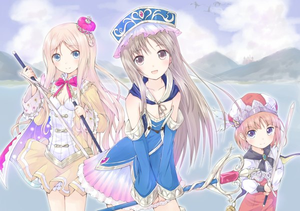 Anime picture 1600x1130 with atelier (series) atelier totori atelier rorona atelier meruru gust (company) totooria helmold rororina fryxell merurulince rede arls mirai (macharge) long hair looking at viewer blush short hair open mouth blue eyes blonde hair multiple girls brown eyes silver hair girl