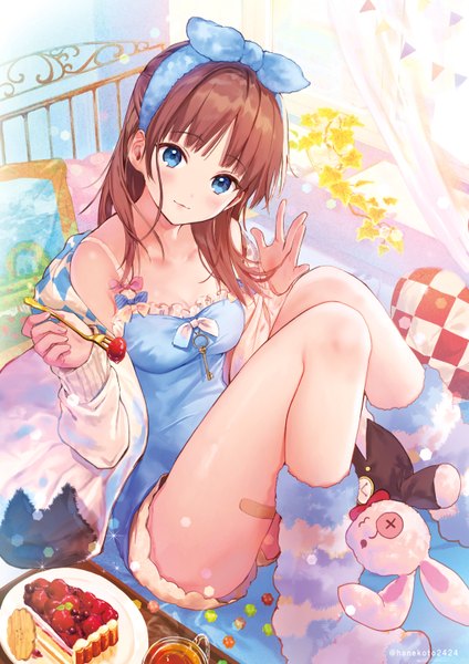 Anime picture 1100x1556 with original hanekoto single long hair tall image looking at viewer blush fringe breasts blue eyes brown hair sitting holding signed cleavage bent knee (knees) indoors blunt bangs head tilt light smile