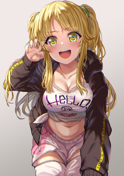 Anime picture 1500x2129 with bang dream! tsurumaki kokoro kamita single long hair tall image looking at viewer blush fringe breasts open mouth simple background blonde hair smile large breasts standing twintails yellow eyes payot cleavage
