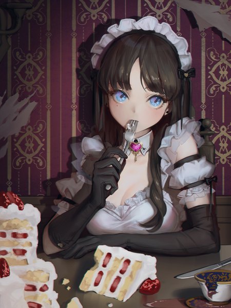Anime picture 1125x1500 with original oto1 030 single long hair tall image fringe blue eyes black hair cleavage upper body mole maid mole under eye eating girl gloves uniform detached sleeves black gloves elbow gloves