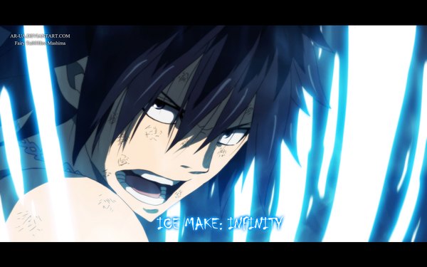 Anime picture 1920x1200 with fairy tail gray fullbuster ar-ua single highres short hair open mouth blue eyes black hair wide image inscription coloring magic close-up angry boy