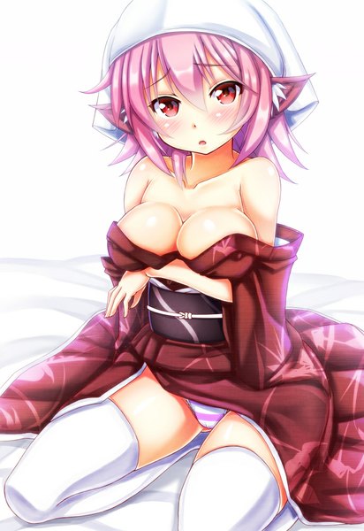 Anime picture 687x1000 with touhou mystia lorelei ebi 193 single tall image looking at viewer blush short hair breasts open mouth light erotic red eyes large breasts bare shoulders animal ears pink hair cleavage traditional clothes japanese clothes girl