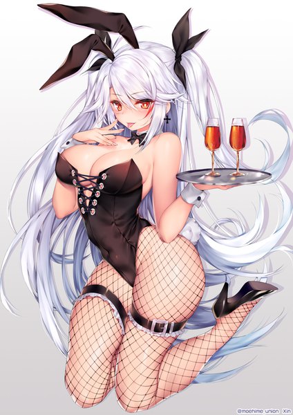 Anime picture 1000x1414 with azur lane prinz eugen (azur lane) obiwan single long hair tall image blush fringe breasts light erotic simple background hair between eyes large breasts signed animal ears payot cleavage silver hair full body ahoge