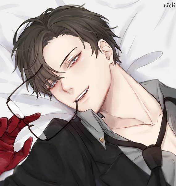 Anime picture 950x1000 with hypnosis mic iruma juuto hichi single tall image looking at viewer fringe short hair open mouth blue eyes black hair smile holding signed upper body lying teeth open shirt mouth hold formal