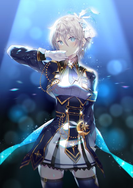 Anime picture 777x1099 with idolmaster idolmaster cinderella girls anastasia (idolmaster) domotolain single tall image looking at viewer blush short hair blue eyes silver hair story of the revolving stars girl thighhighs dress gloves hair ornament white gloves
