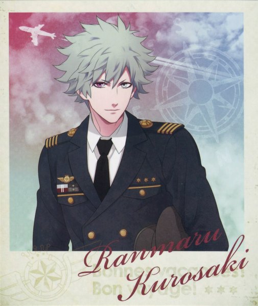 Anime picture 862x1024 with uta no prince-sama a-1 pictures kurosaki ranmaru single tall image looking at viewer short hair smile purple eyes sky cloud (clouds) pink eyes grey hair grey eyes heterochromia framed hat removed boy uniform hat