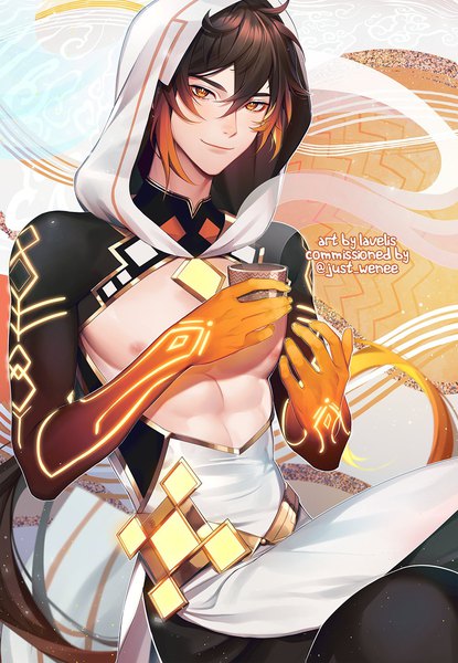 Anime picture 1000x1445 with genshin impact zhongli (genshin impact) zhongli (archon) (genshin impact) lavelis single long hair tall image looking at viewer fringe smile hair between eyes brown hair nipples orange eyes text muscle english center opening abs boy