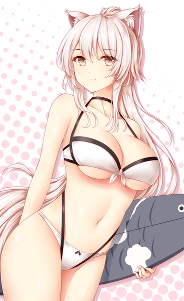 Anime picture 1105x1800 with nuoya huanxiang wsman single long hair tall image looking at viewer blush fringe breasts light erotic smile hair between eyes large breasts standing holding brown eyes animal ears payot cleavage silver hair