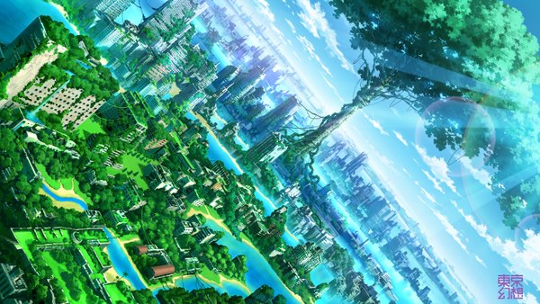 イラスト 2896x1636 と オリジナル tokyogenso highres wide image cloud (clouds) sunlight cityscape ruins panorama post-apocalyptic overgrown 建物