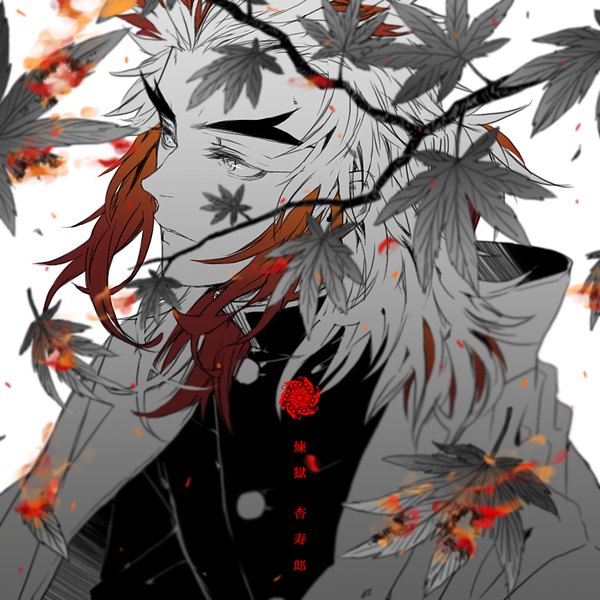 Anime picture 880x880 with kimetsu no yaiba ufotable rengoku kyoujurou rasshel single long hair looking away upper body red hair multicolored hair two-tone hair character names monochrome eyebrows spot color boy leaf (leaves) fire maple leaf