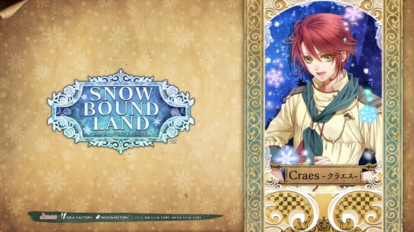 Anime picture 1920x1080 with snow bound land idea factory craes single looking at viewer highres short hair open mouth simple background smile wide image green eyes red hair scan inscription official art copyright name character names snowing boy