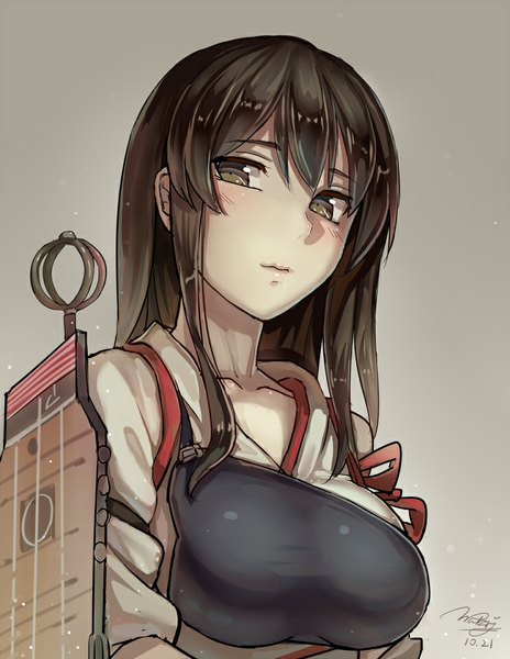 Anime picture 744x962 with kantai collection kaga aircraft carrier walzrj single long hair tall image looking at viewer blush brown hair brown eyes signed traditional clothes japanese clothes girl armor breastplate muneate