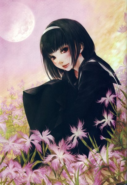 Anime picture 4783x6977 with original enta shiho single tall image blush fringe highres short hair black hair smile red eyes sitting absurdres cloud (clouds) bent knee (knees) pleated skirt lips scan girl skirt
