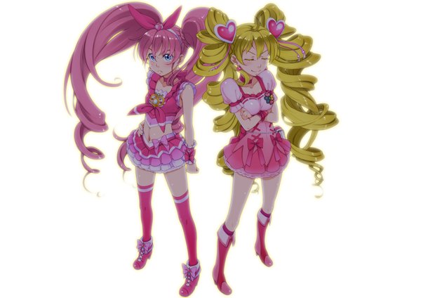 Anime picture 1800x1273 with precure suite precure toei animation houjou hibiki cure melody momozono love cure peach sakura kotetsu highres blue eyes blonde hair simple background white background twintails multiple girls pink hair eyes closed very long hair drill hair girl