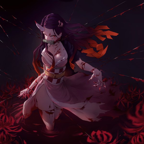 Anime picture 5000x5000 with kimetsu no yaiba ufotable kamado nezuko l ract single long hair looking at viewer highres breasts light erotic black hair simple background large breasts standing absurdres traditional clothes japanese clothes pink eyes horn (horns) fingernails
