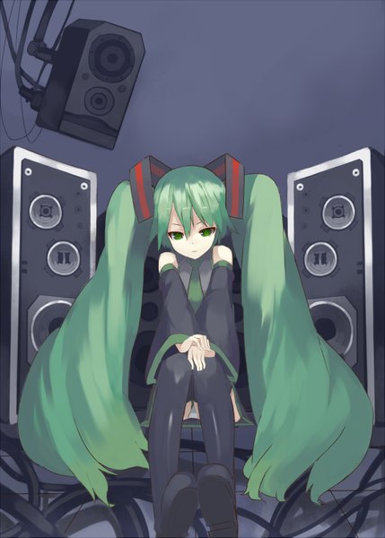 Anime picture 1048x1467 with vocaloid hatsune miku mazonano (artist) single long hair tall image light erotic sitting twintails green eyes green hair girl underwear panties detached sleeves thigh boots wire (wires) speakers