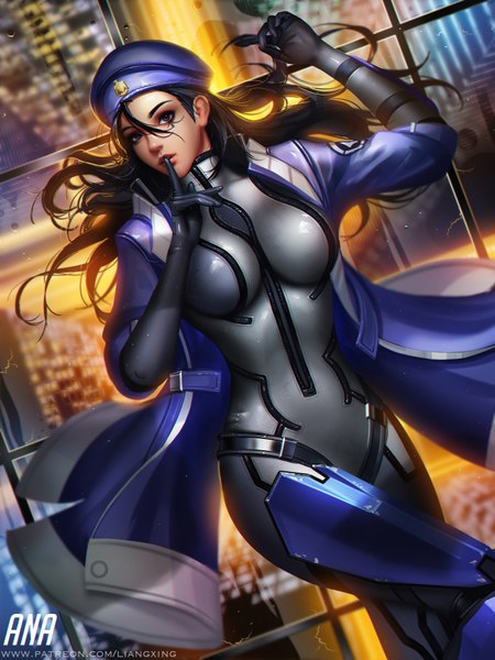 Anime picture 750x1000 with overwatch blizzard entertainment ana (overwatch) captain amari liang xing single long hair tall image looking at viewer fringe breasts light erotic black hair hair between eyes brown eyes signed realistic dutch angle character names facial mark