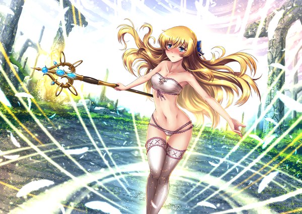 Anime picture 1754x1240 with goblin slayer! priestess (goblin slayer!) adsouto single long hair blush fringe highres breasts blue eyes light erotic blonde hair hair between eyes standing bare shoulders holding signed looking away sky bent knee (knees)