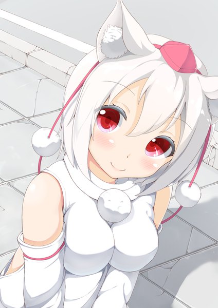Anime picture 1191x1684 with touhou inubashiri momiji tatsumiya kagari single tall image looking at viewer blush fringe short hair breasts smile hair between eyes red eyes bare shoulders animal ears upper body white hair head tilt from above wolf ears