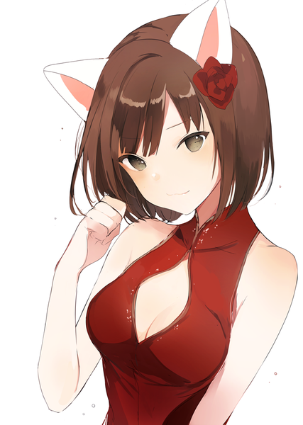 Anime picture 700x984 with idolmaster idolmaster cinderella girls maekawa miku lpip single tall image looking at viewer short hair breasts simple background smile brown hair white background bare shoulders brown eyes animal ears upper body traditional clothes hair flower cat ears