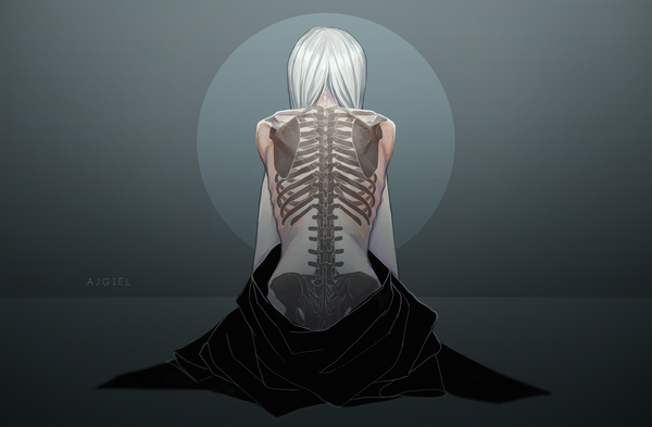 Anime picture 2303x1511 with ajgiel single long hair highres sitting signed white hair from behind inscription bare back transparent skeleton x-ray