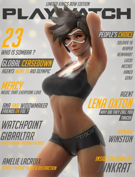 Anime picture 1203x1581 with overwatch blizzard entertainment tracer (overwatch) kevin lumoindong tall image looking at viewer fringe short hair light erotic brown hair brown eyes light smile realistic armpit (armpits) midriff character names lipstick arms behind head red lipstick arched back