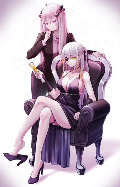 Anime picture 800x1243 with girls frontline m16a1 (girls frontline) m16a1 (girls frontline) (boss) beak (girls frontline) nlitz long hair tall image looking at viewer fringe breasts light erotic simple background smile hair between eyes sitting bare shoulders multiple girls holding yellow eyes pink hair