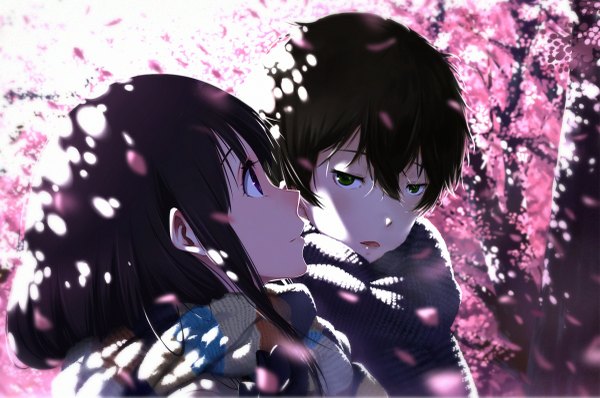 Anime picture 1200x797 with hyouka kyoto animation chitanda eru oreki houtarou cici long hair fringe short hair open mouth black hair brown hair purple eyes green eyes looking away profile light smile sunlight couple cherry blossoms looking up