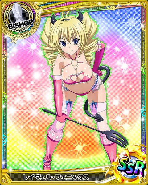 Anime picture 640x800 with highschool dxd ravel phenex single long hair tall image looking at viewer breasts blue eyes light erotic blonde hair twintails cleavage tail horn (horns) torn clothes drill hair card (medium) girl thighhighs gloves
