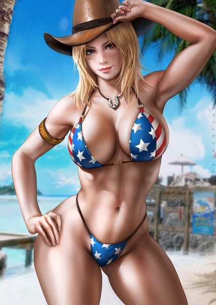 Anime picture 3508x4961 with dead or alive tina armstrong dandon fuga single tall image looking at viewer blush highres short hair breasts blue eyes light erotic blonde hair large breasts standing absurdres sky cloud (clouds) outdoors arm up