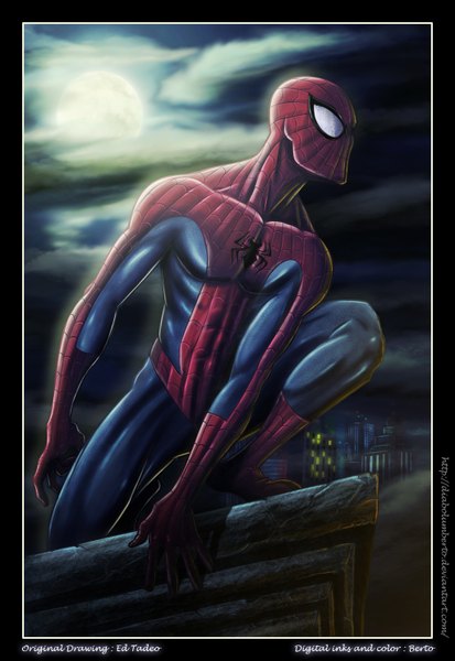 Anime picture 1024x1486 with marvel comics spider-man (series) spiderman diabolumberto single tall image cloud (clouds) realistic night sky coloring city light superhero boy full moon spider