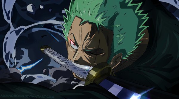 Anime picture 2754x1536 with one piece toei animation roronoa zoro amanomoon single highres short hair wide image holding signed looking away one eye closed green hair black eyes coloring piercing mouth hold ear piercing scar close-up