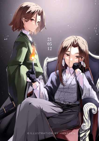 Anime picture 1488x2105 with shaman king xebec asakura you asakura hao hanapen long hair tall image looking at viewer short hair brown hair standing sitting brown eyes traditional clothes japanese clothes grey background multiple boys crossed legs magic dated