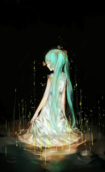 Anime picture 700x1142 with vocaloid hatsune miku kkkury single long hair tall image fringe simple background standing twintails holding eyes closed aqua hair alternate costume black background glow girl dress flower (flowers) plant (plants)