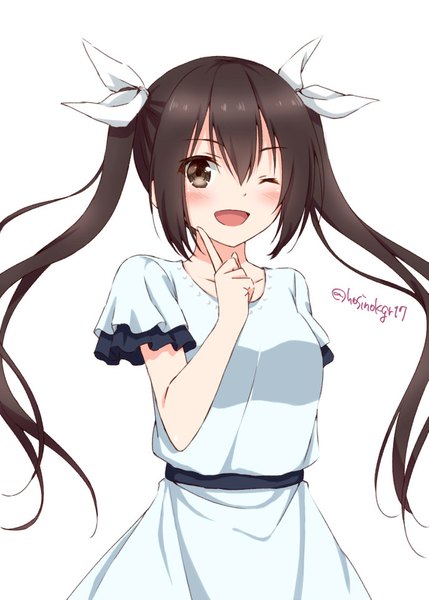 Anime picture 688x963 with kantai collection tone heavy cruiser hoshino kagari single long hair tall image looking at viewer blush open mouth simple background brown hair twintails brown eyes signed one eye closed wink alternate costume twitter username ;d girl