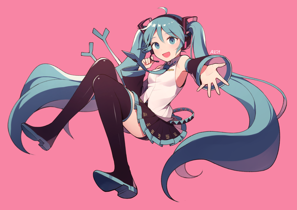 Anime picture 2376x1680 with vocaloid hatsune miku azit (down) single looking at viewer blush highres open mouth simple background twintails signed full body ahoge very long hair :d aqua eyes aqua hair pink background outstretched hand girl