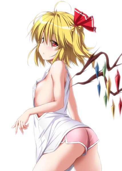 Anime picture 1488x2088 with touhou flandre scarlet nori tamago single tall image looking at viewer blush fringe short hair breasts light erotic simple background blonde hair hair between eyes red eyes standing white background ahoge parted lips sleeveless