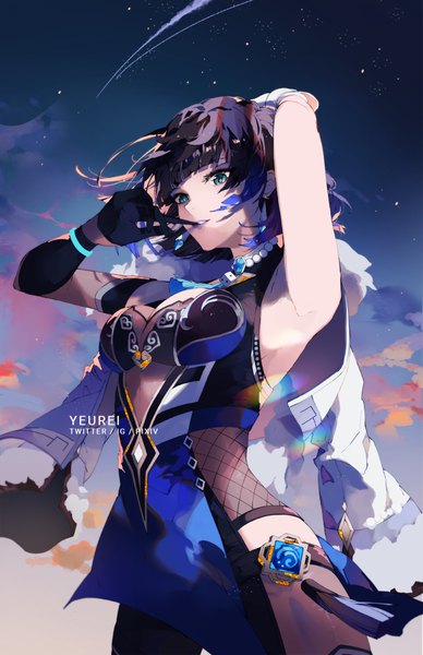 Anime picture 1036x1600 with genshin impact yelan (genshin impact) yeurei single tall image fringe short hair light erotic black hair standing green eyes signed looking away sky cloud (clouds) blunt bangs from below armpit (armpits) hand on head clothes on shoulders