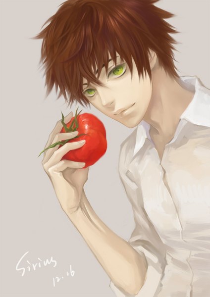Anime picture 1000x1414 with axis powers hetalia studio deen spain (hetalia) sirius d single tall image short hair simple background brown hair green eyes signed realistic grey background boy shirt white shirt vegetables tomato