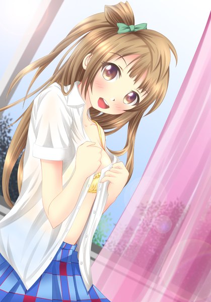 Anime picture 1342x1920 with love live! school idol project sunrise (studio) love live! minami kotori neats (artist) single long hair tall image looking at viewer blush open mouth light erotic brown hair brown eyes open clothes open shirt one side up girl skirt shirt