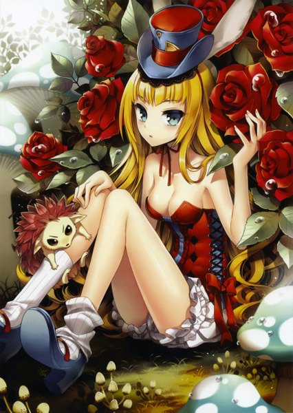 Anime picture 1719x2421 with lord of vermilion square enix alice (wonderland) nardack single long hair tall image looking at viewer blush highres breasts blue eyes blonde hair sitting animal ears girl thighhighs dress flower (flowers) hat