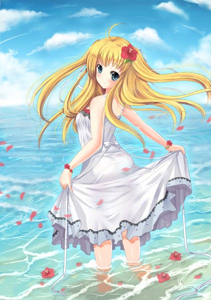 Anime picture 595x842 with original mafuyu single long hair tall image looking at viewer blush fringe breasts blue eyes light erotic blonde hair smile standing bare shoulders holding payot sky cloud (clouds) ahoge