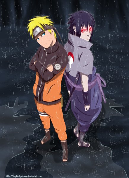 Anime picture 1280x1764 with naruto studio pierrot naruto (series) uzumaki naruto uchiha sasuke itachiulquiorra tall image short hair blue eyes black hair blonde hair red eyes looking back coloring facial mark crossed arms rain whisker markings back to back jinchuriki