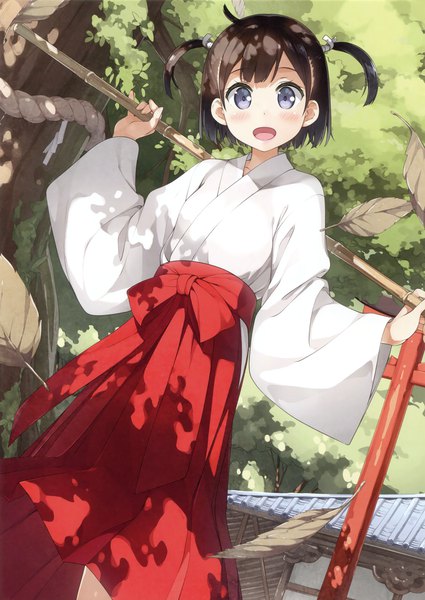 Anime picture 2414x3404 with original kantoku single tall image looking at viewer blush highres short hair blue eyes black hair twintails traditional clothes japanese clothes scan short twintails miko girl plant (plants) tree (trees)