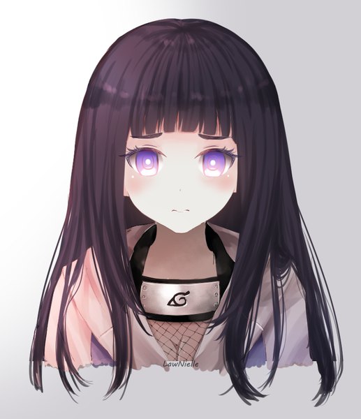 Anime picture 787x913 with naruto studio pierrot naruto (series) hyuuga hinata lawnielle single long hair tall image looking at viewer blush fringe black hair simple background purple eyes signed cleavage upper body blunt bangs grey background gradient background