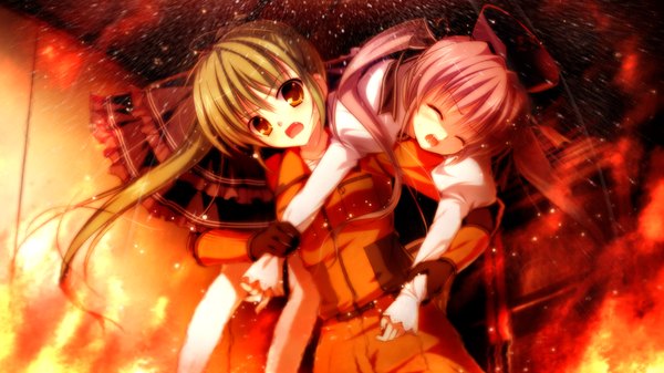 Anime picture 1280x720 with root double kotono yuuri long hair open mouth red eyes wide image twintails multiple girls game cg ponytail eyes closed green hair grey hair girl dress 2 girls hat suit fire