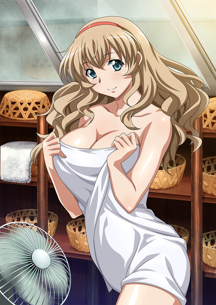 Anime picture 620x875 with ikkitousen sonken chuubou single long hair tall image looking at viewer breasts blue eyes light erotic brown hair large breasts cleavage naked towel girl headband towel electric fan