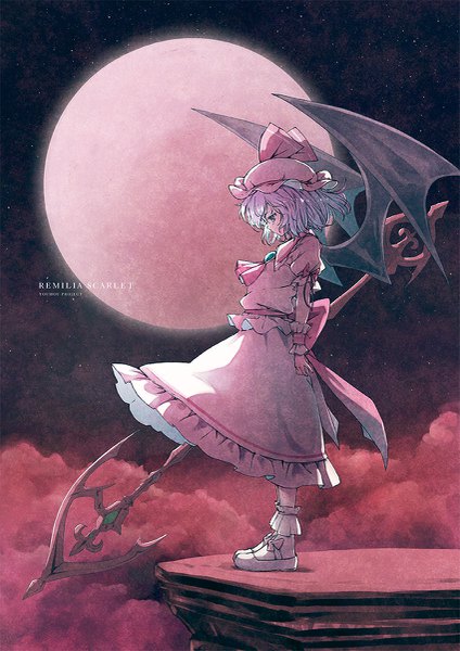 Anime picture 849x1200 with touhou remilia scarlet satyuas single tall image short hair standing purple hair full body profile night puffy sleeves copyright name character names looking down bat wings girl skirt weapon hat