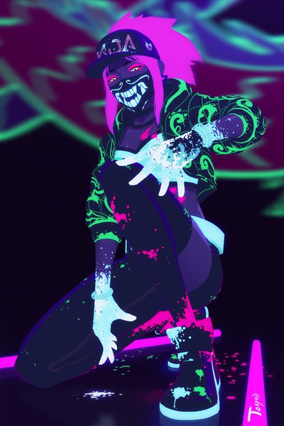 Anime picture 1200x1800 with league of legends k/da (league of legends) akali (league of legends) k/da akali tospeed single long hair tall image looking at viewer signed yellow eyes payot pink hair full body bent knee (knees) ponytail open jacket midriff squat eyeshadow